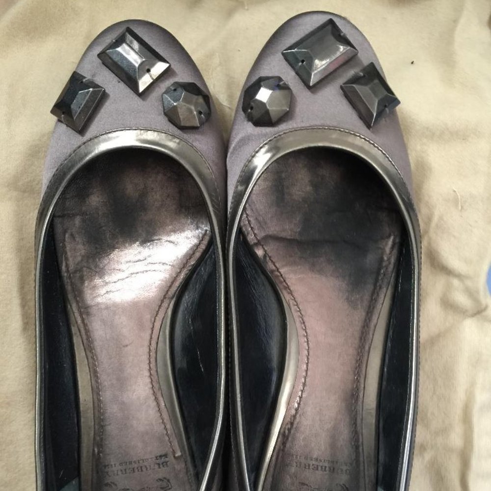 Burberry Gray Flats with Black Embellishments